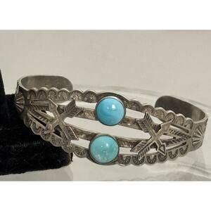 Vintage Fred Harvey Navajo Sterling Turquoise CROSSED ARROW Split Band Cuff